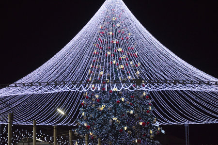 christmas tree decoration in the street, closeup of photo iconの写真素材