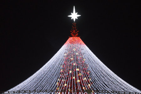 Christmas tree in the shape of a star, closeup of photoの写真素材
