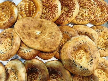 Freshly baked bread with sesame seeds for sale at the local market