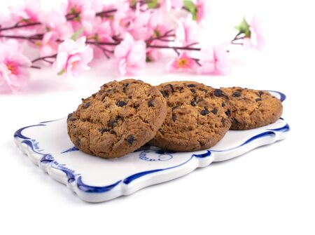 biscuits with chocolate crumb swarm close-up against the background of a sprigs of cherry blossoms, white insulated background, place for textの写真素材