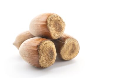 hazelnuts on a white isolated background, space for text, close-upの写真素材