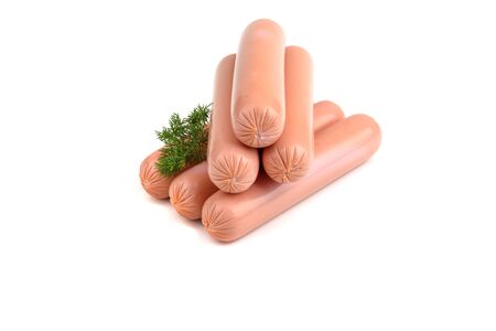 sausage products, dairy sausages, close-up, isolated white background, horizontal viewの写真素材