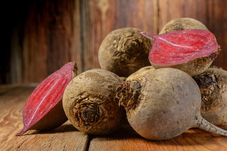 Fresh red homemade beets, whole and cut, on a wooden rustic table, vegetable food, local products,...