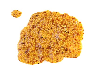 Whole grain mustard. French mustard is isolated on a white background.top view
