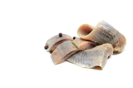 Atlantic salted herring fillet isolated on white backgroundの写真素材