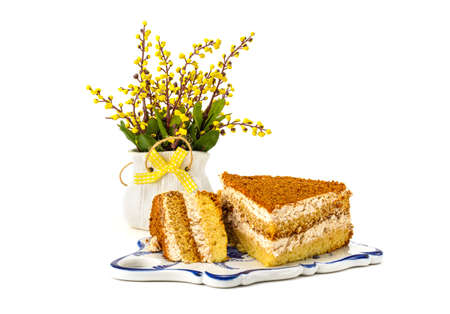 Cake, a slice of delicious honey cake. A piece of cake on a porcelain platter. Isolated on a white background is a sweet dessert. selective focus.の写真素材