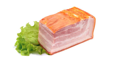 Smoked pork belly, bacon, ham on a wooden chopping board. White isolated background. Top view.の写真素材