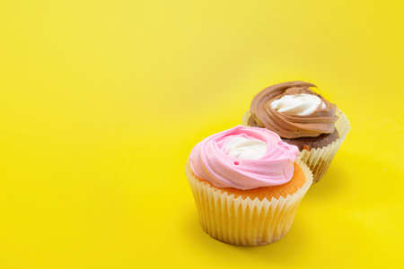 Chocolate and vanilla cupcakes with whipped raspberry and coffee cream on a yellow background. Selective focus.Horizontal viewの写真素材