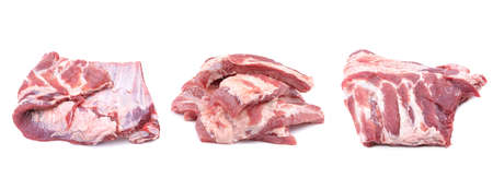 Meat set.Raw pork and beef ribs from different angles isolated on a white background. Selective focusの写真素材