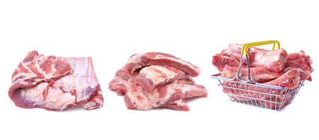 Meat set.Raw pork and beef ribs from different angles isolated on a white background. Selective focusの写真素材
