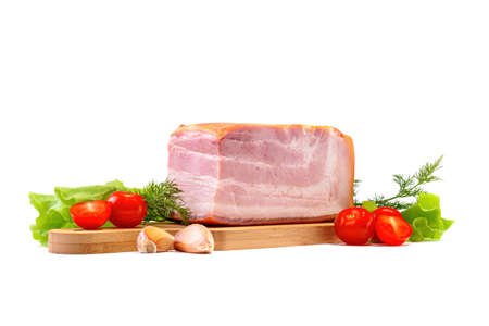 Smoked pork belly, bacon, ham on a wooden chopping board. White isolated background. Top view.の写真素材