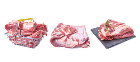 Meat set.Raw pork and beef ribs from different angles isolated on a white background. Selective focusの写真素材