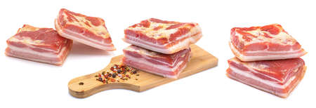 delicious homemade raw-smoked, cured bacon, lard, isolated on a white background.set, three different camera anglesの写真素材