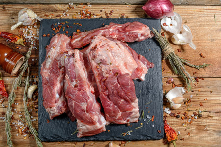 Raw pork ribs. Top the meat ingredient on a slate serving board. top view, close-up. Selective Focusの写真素材