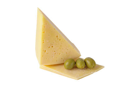 Solid yellow gouda cheese, close-up, isolated on a white background.selective focus.の写真素材