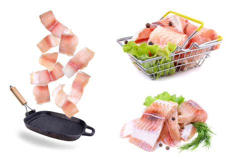A steak of flying fish falls into the pan. The effect of flying motion in the cooking process.Isolated objects on a white background. Flying foodの写真素材
