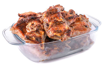 meat fried on coals in a glass cup isolated on a white background.pork ribs.selective focusの写真素材