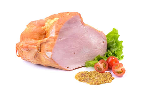 Smoked meat in a large piece on top with cherry tomatoes. Isolated on a white background.clipping pathの写真素材