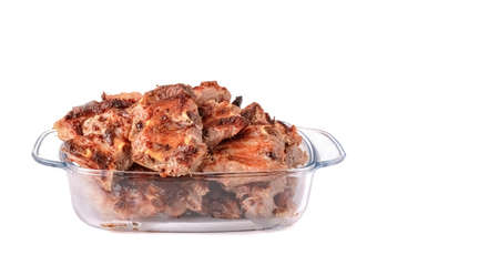 meat fried on coals, shish kebab in a glass cup isolated on a white background.pork ribsの写真素材