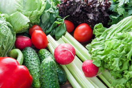 ripe tomatoes, peppers, radish and salad on the table for cooking vegetarian foodの写真素材