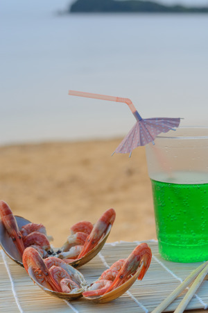 Shrimp for breakfast. Morning by the seaの写真素材