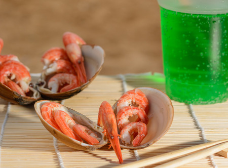 Shrimp for breakfast. Morning by the seaの写真素材