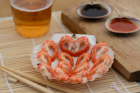 Shrimp for breakfast. Morning by the seaの写真素材