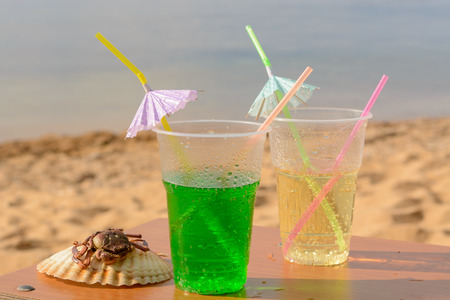 2 cups of drink at sea side.の写真素材