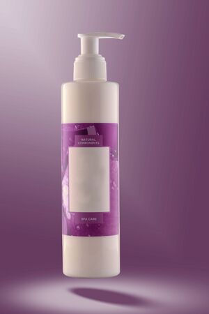 bottle with cosmetics on a bright background with the effect of levitationの写真素材