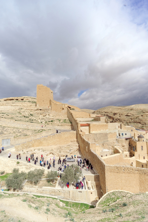 Bethlehem, Israel. - February 14.2017. View of the Lavra of Sawa Sanctified in the Judean Desert - many pilgrims at the entrance.のeditorial素材