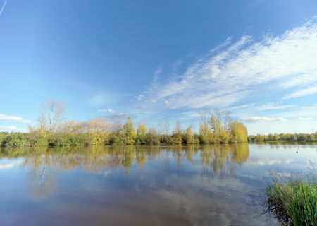 An autumn view of the lake. The sky with rare clouds and trees are reflected in the calm water.のeditorial素材