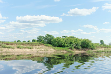 River view with clouds reflected in it, Volga, Russia.の写真素材