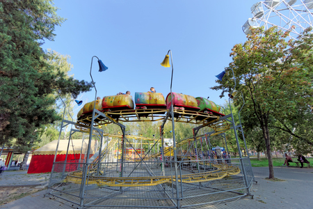 Nizhny Novgorod, Russia. - September 23.2018. Carousel Mad Worm in Sormovsky park. Photo on a wide-angle lens.のeditorial素材
