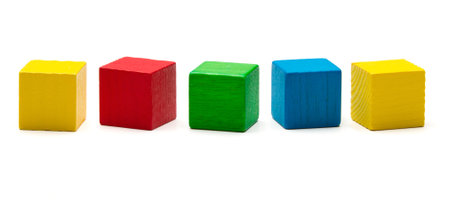 toy blocks, multicolor wooden game cube, blank boxes isolated white background