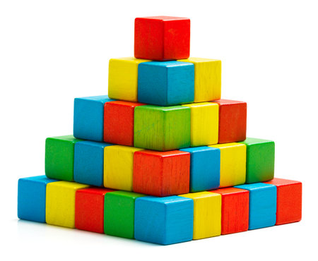 toy blocks pyramid, multicolor wooden bricks stack isolated white background