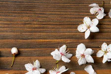 flowers on wooden background, grain wood textureの写真素材