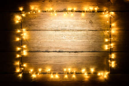 Garland Lights Wood Frame, Christmas Lighting Wooden Planks, Blank Boardの写真素材