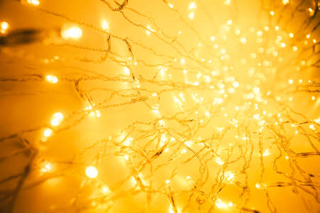 Lights Garland, Abstract Blurred Led Light, Yellow Defocused Lighting Bokeh Perspectiveの写真素材