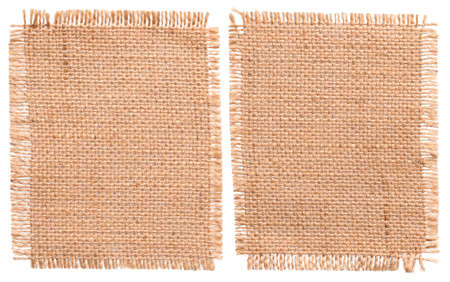 Burlap Sacking Cloth Pieces, Rustic Linen Bagging Fabric, Sack Patch Isolated over Whiteの写真素材