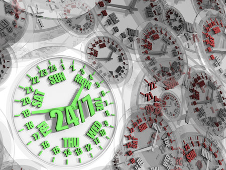 Green clock with working time 24 hours and 7 days.  On the background clocks with business activity...