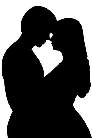 Couple Kiss Silhouette, Man and Woman Kissing in Heart Shape Contourの写真素材