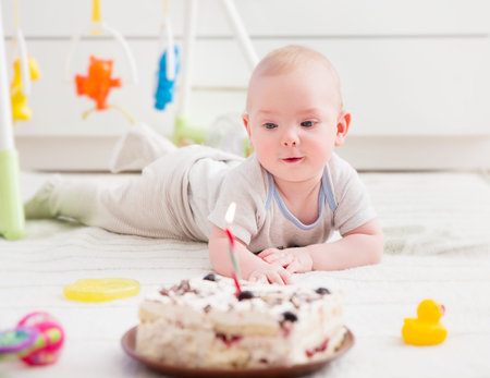 Baby and Cake, Kid Celebrating Birthday, Crawling Infant Child, Domestic Life