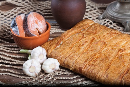 Pie on the table with food setの写真素材