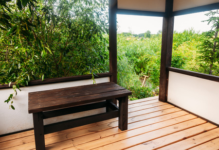 beautiful japanese interior with green trees outsideの写真素材