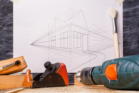 concept of home improvement with numerous working toolsの写真素材