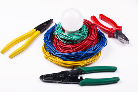 set of electrician tools on white background