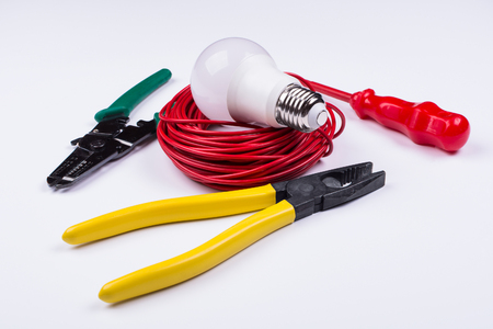 set of electrician tools on white backgroundの写真素材