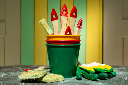paint brushes in potsの写真素材