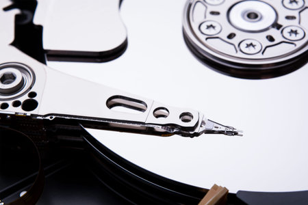 Closeup of an open computer hard drive