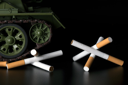 tank breaks anti-tank hedgehog made of cigarettesの写真素材